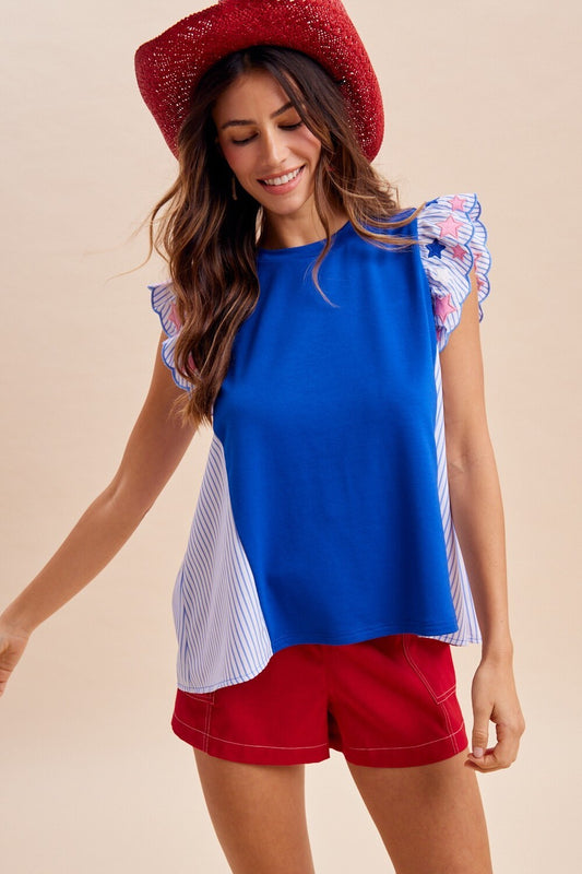 4th Of July Star Embroidered Stripe Panel Knit Top