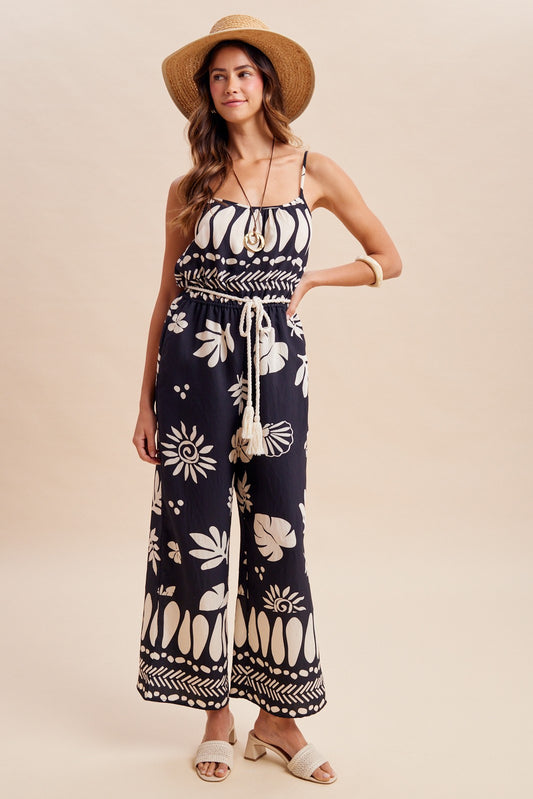 Tropical Floral Print Cami Jumpsuit With Belt Waist