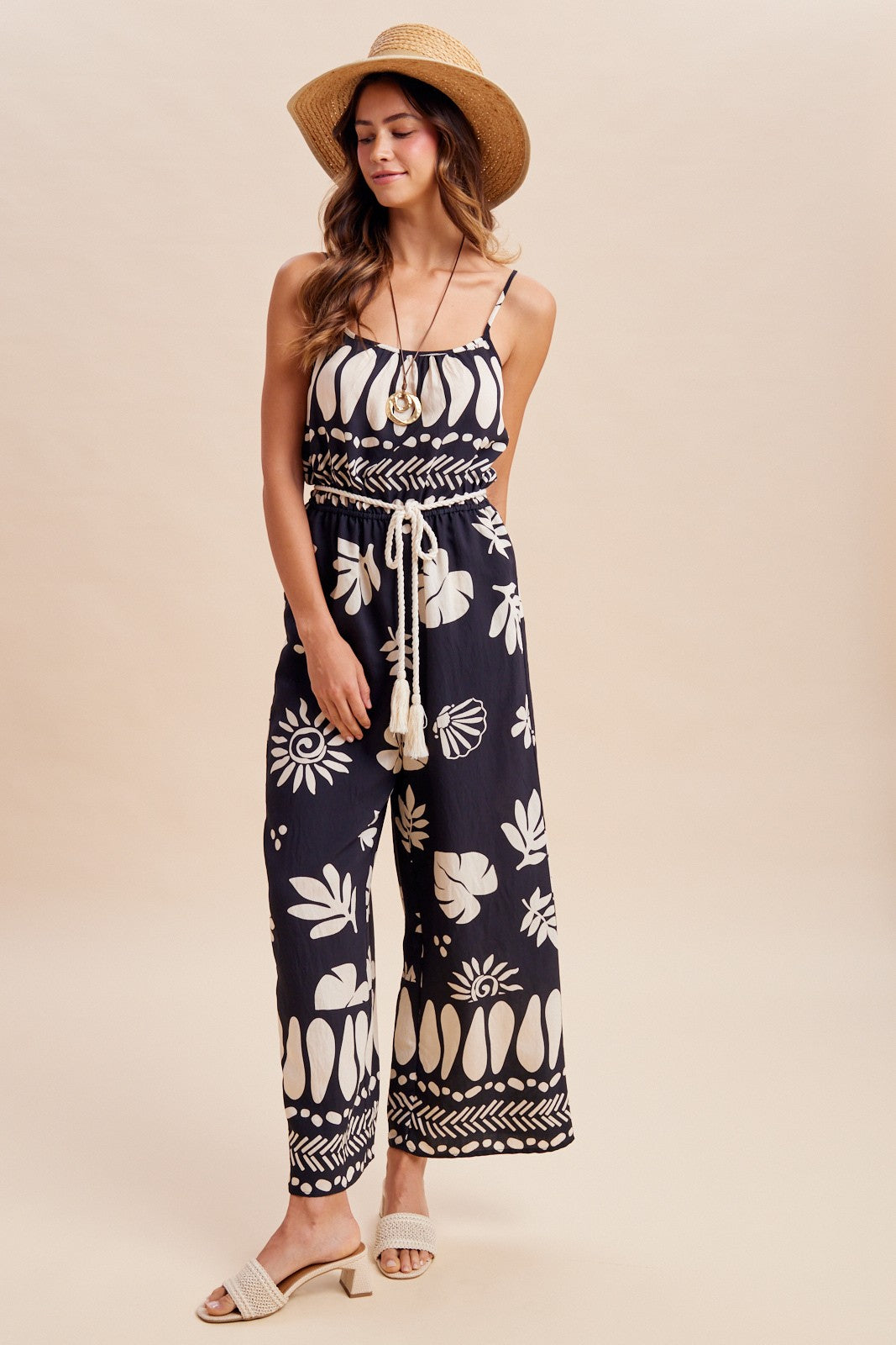 Tropical Floral Print Cami Jumpsuit With Belt Waist