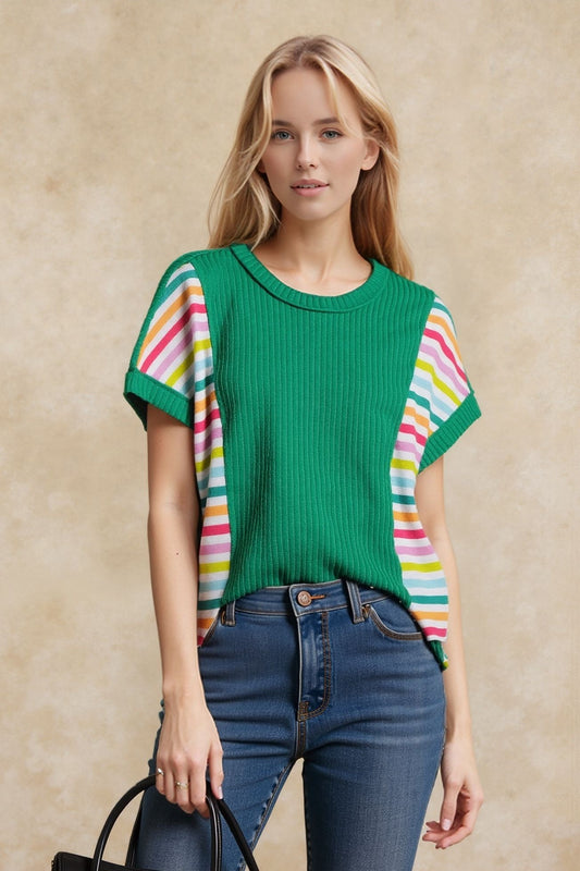 Multi Stripe Knit Top With Relaxed Short Sleeves