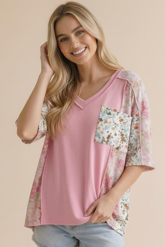 Short Sleeve Floral Print Knit Top W/ Pocket