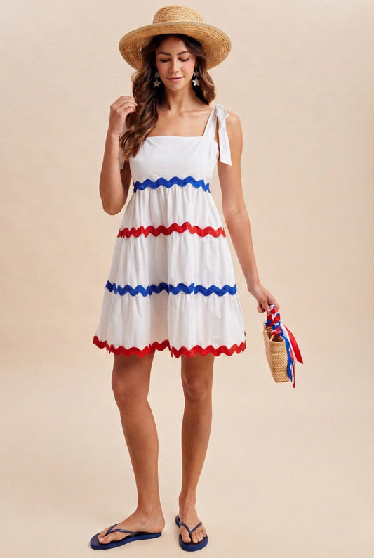 4th Of July Red & Blue Ric-rac Trimmed Mini Tiered Dress