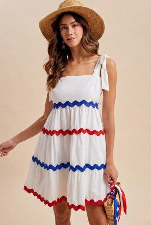4th Of July Red & Blue Ric-rac Trimmed Mini Tiered Dress