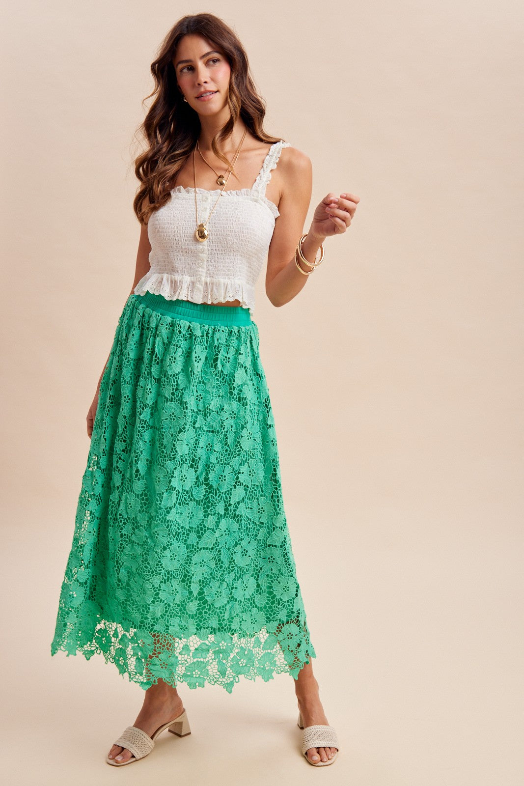 Floral Crochet Lace Midi Flare Skirt