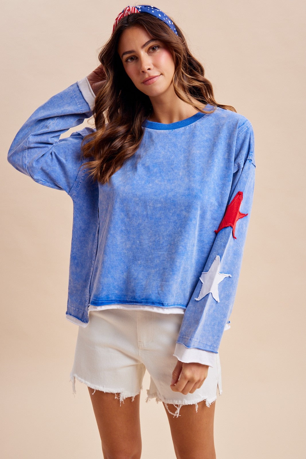 4th Of July Star Patched Long Sleeve Jersey Top