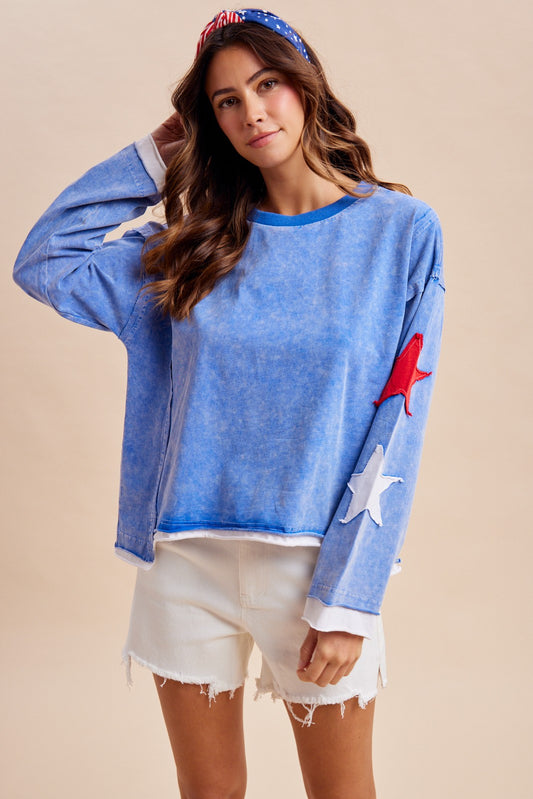 4th Of July Star Patched Long Sleeve Jersey Top