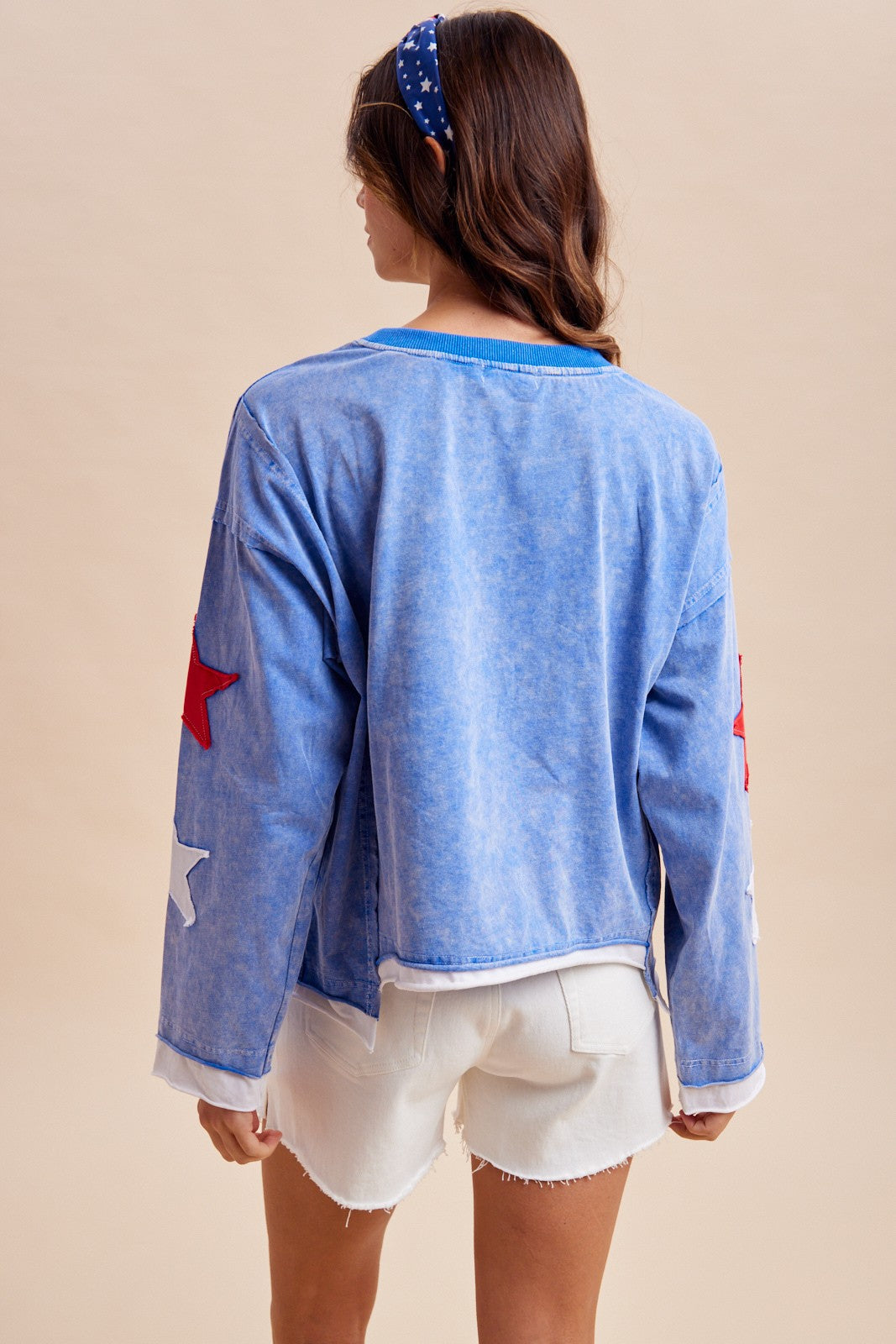 4th Of July Star Patched Long Sleeve Jersey Top