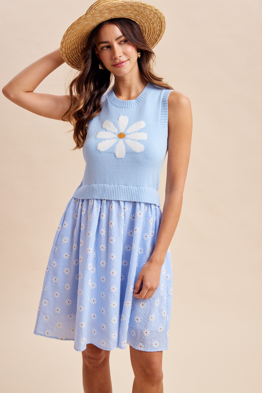 Mixed Media Daisy Sweater Vest With Gingham Flare Skirt