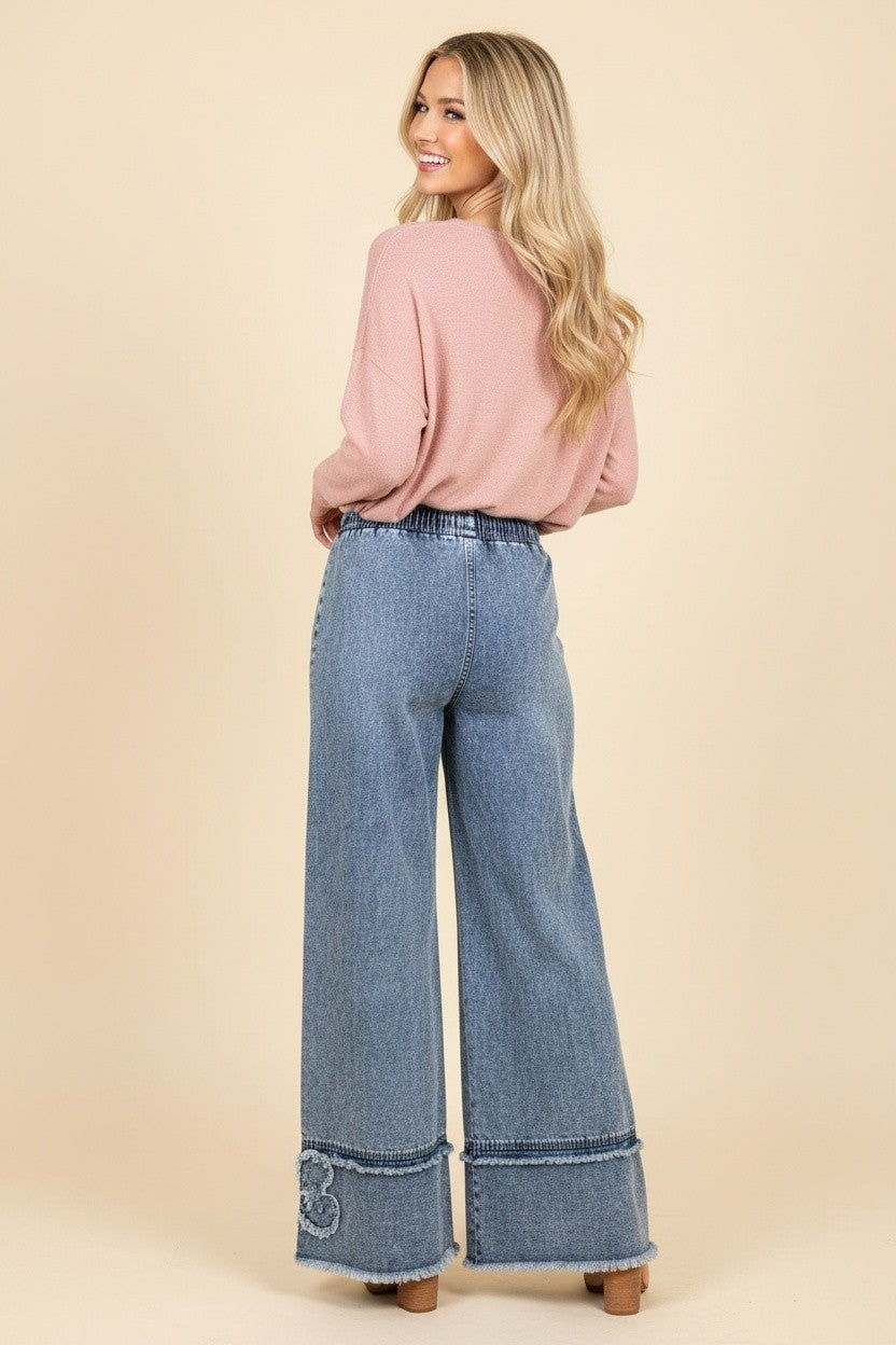 Floral Appliqué Drawstring Wide Leg Denim Pants