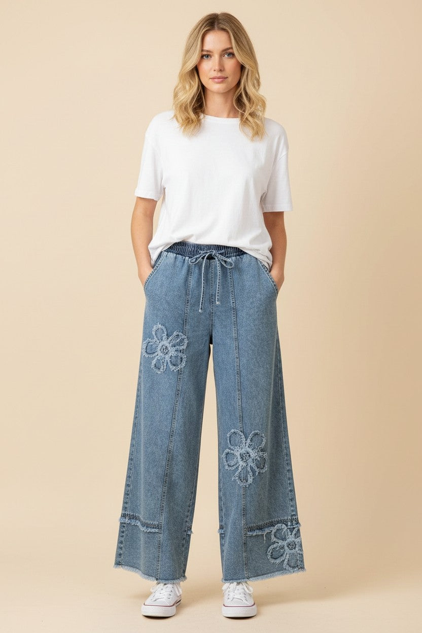 Floral Appliqué Drawstring Wide Leg Denim Pants
