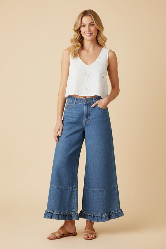 Ruffle Hem Wide Leg Cropped Denim Pants