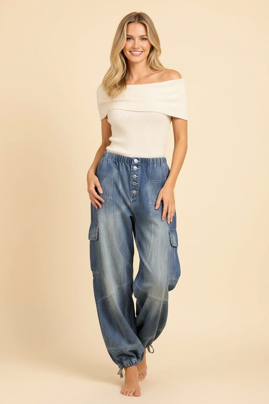 High Rise Cargo Jogger Jeans With Cinched Ankle Ties