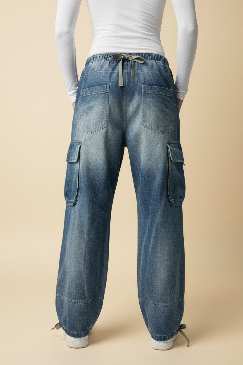 High Rise Cargo Jogger Jeans With Cinched Ankle Ties
