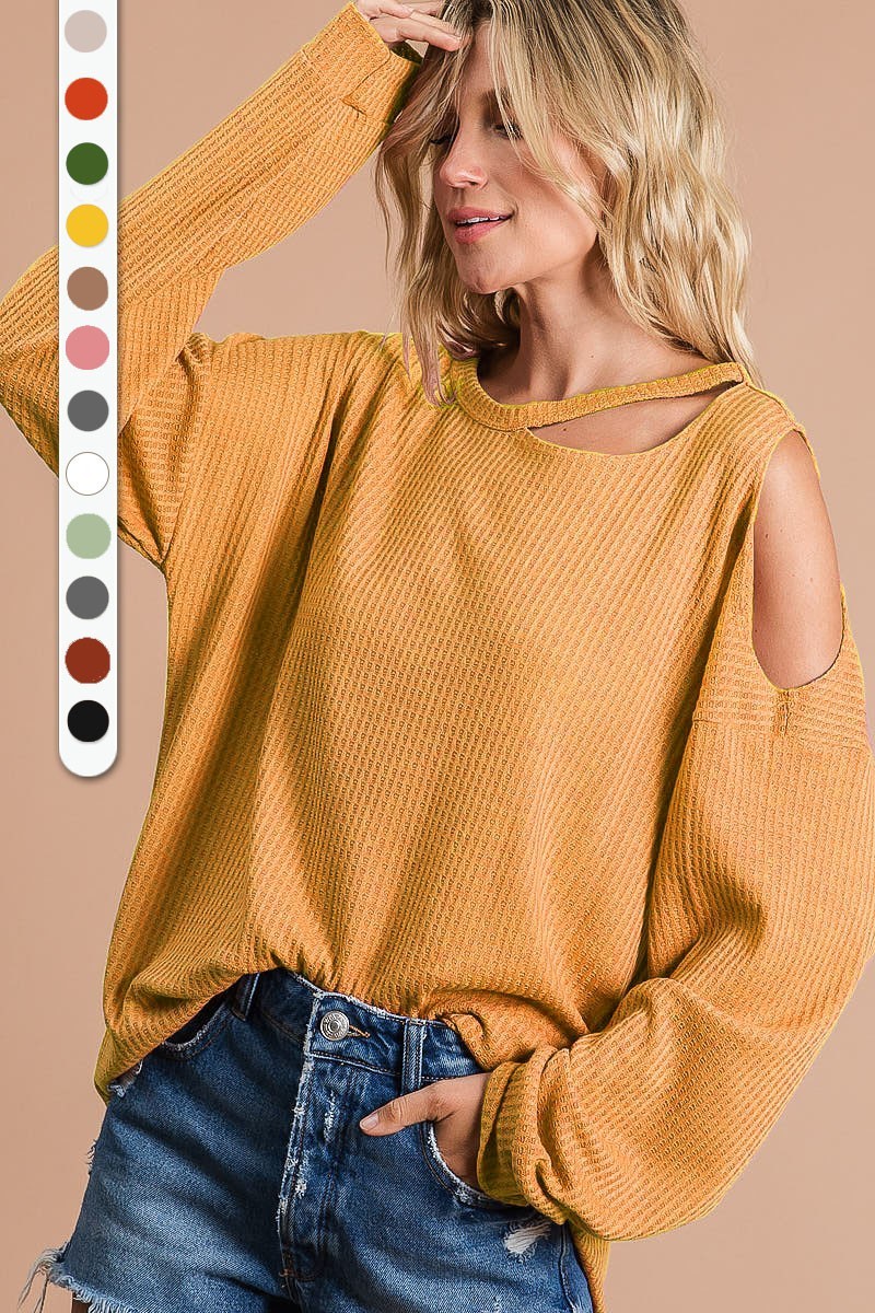 Thermal Waffle Knit Top With Cut Out Neck