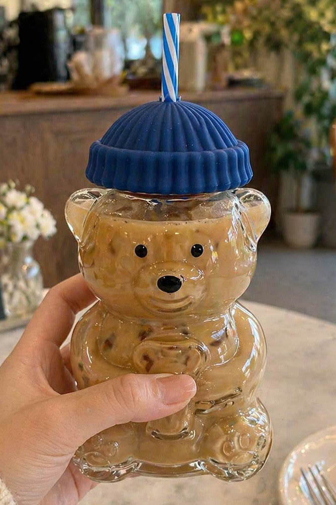 Viral Bear Shaped Glass Drink Cup With Reusable Straw