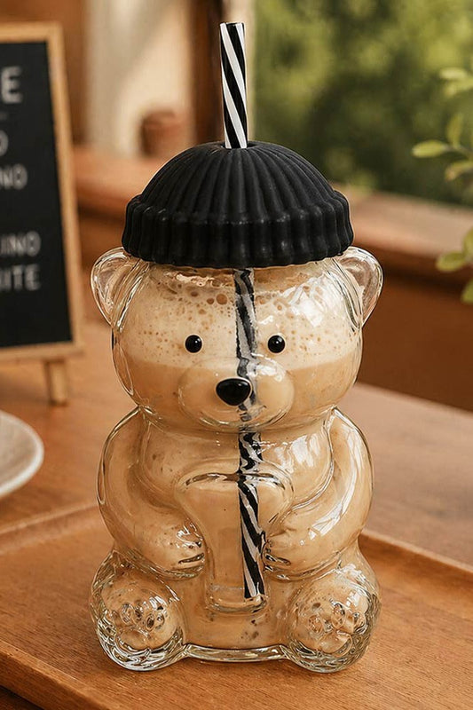 Viral Bear Shaped Glass Drink Cup With Reusable Straw
