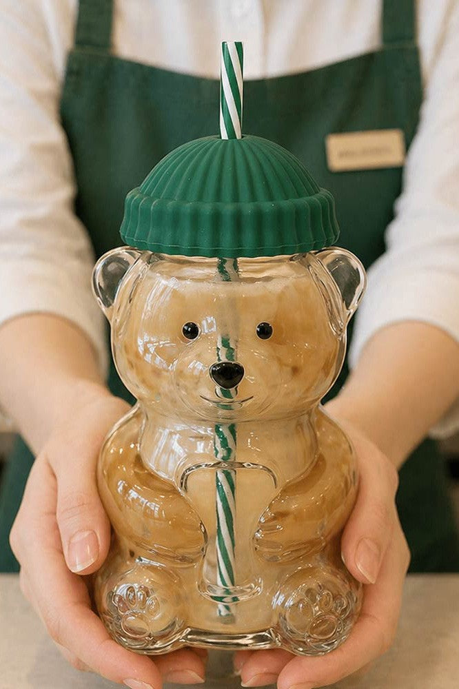 Viral Bear Shaped Glass Drink Cup With Reusable Straw