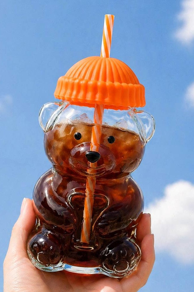 Viral Bear Shaped Glass Drink Cup With Reusable Straw