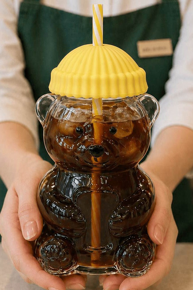 Viral Bear Shaped Glass Drink Cup With Reusable Straw