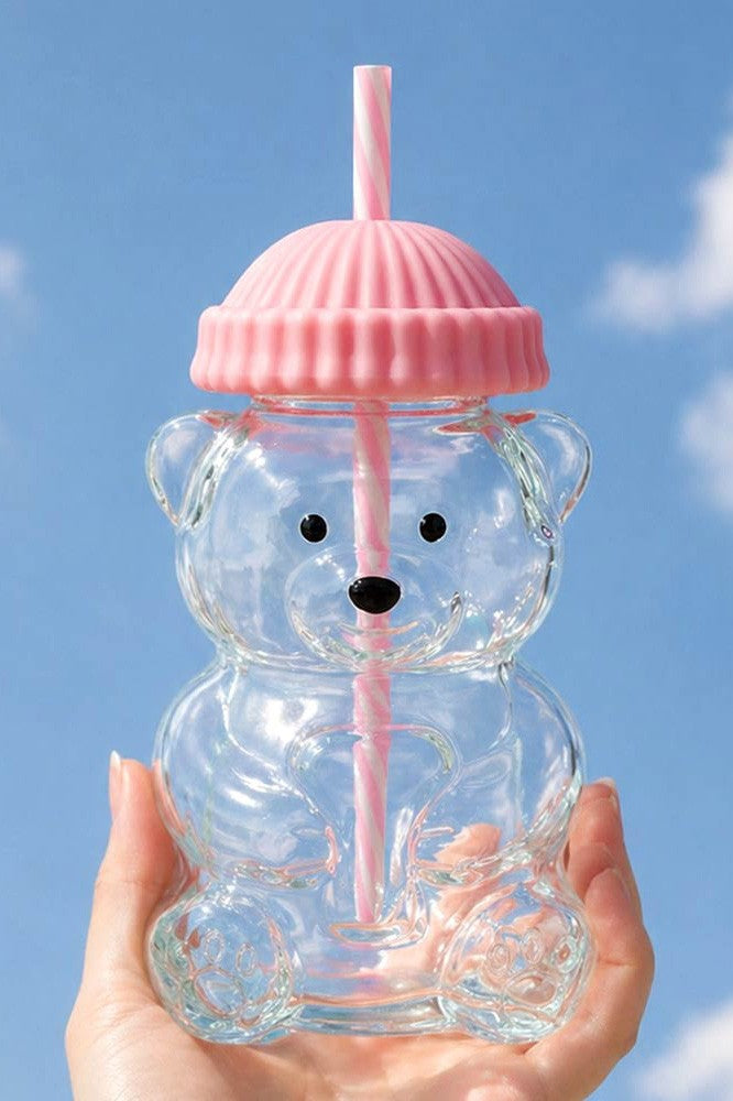 Viral Bear Shaped Glass Drink Cup With Reusable Straw