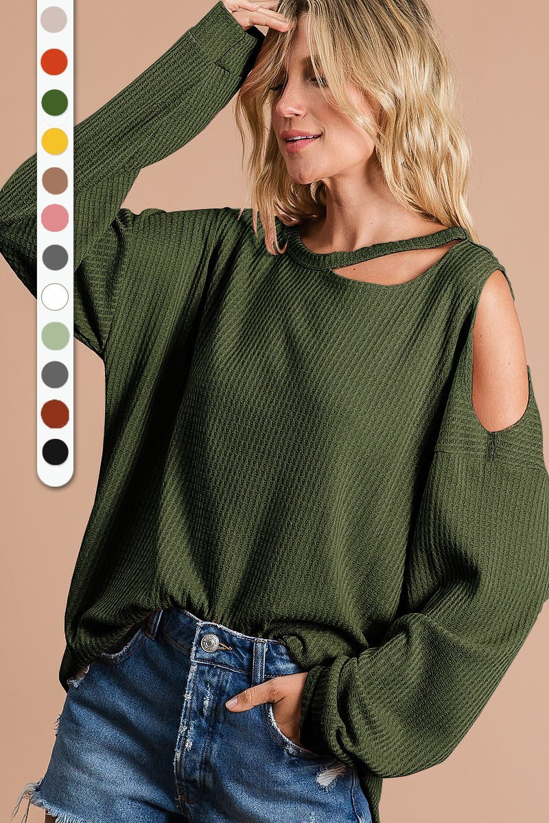 Thermal Waffle Knit Top With Cut Out Neck