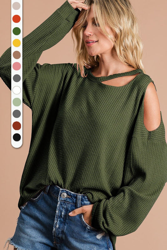 Thermal Waffle Knit Top With Cut Out Neck