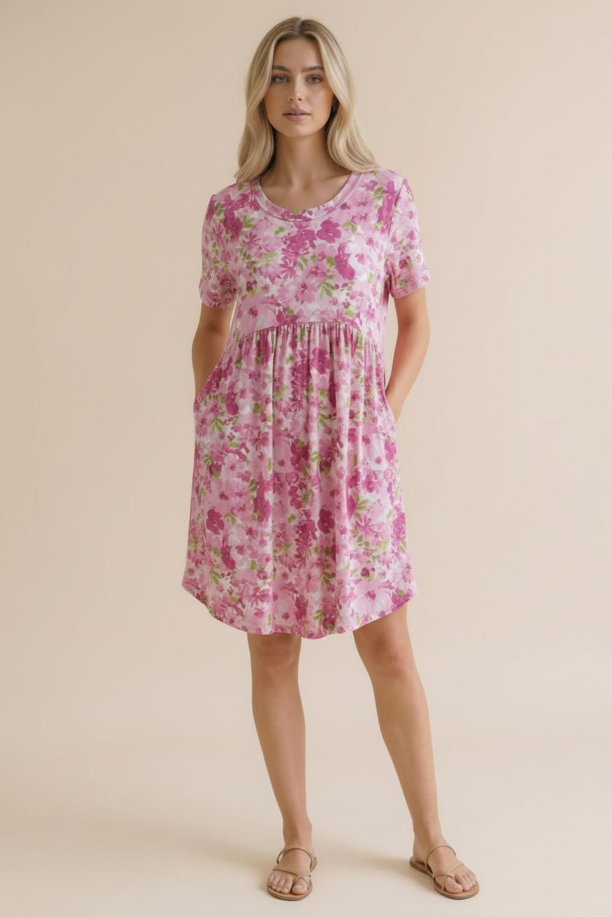 Round Neck Short Sleeve Babydoll Floral Dress