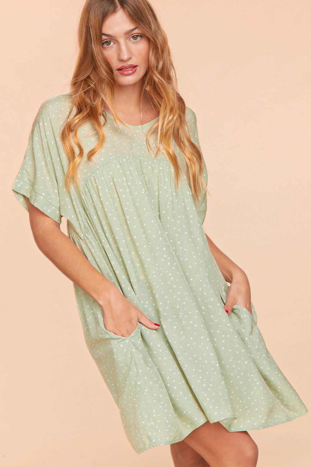 Small Dotted Print Woven Dress With Side Pockets