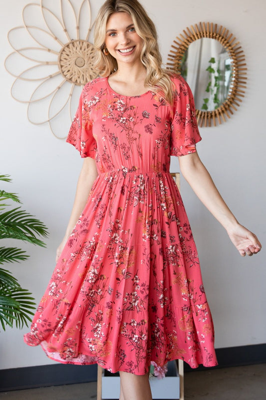 Floral Shirred Tiered Midi Dress