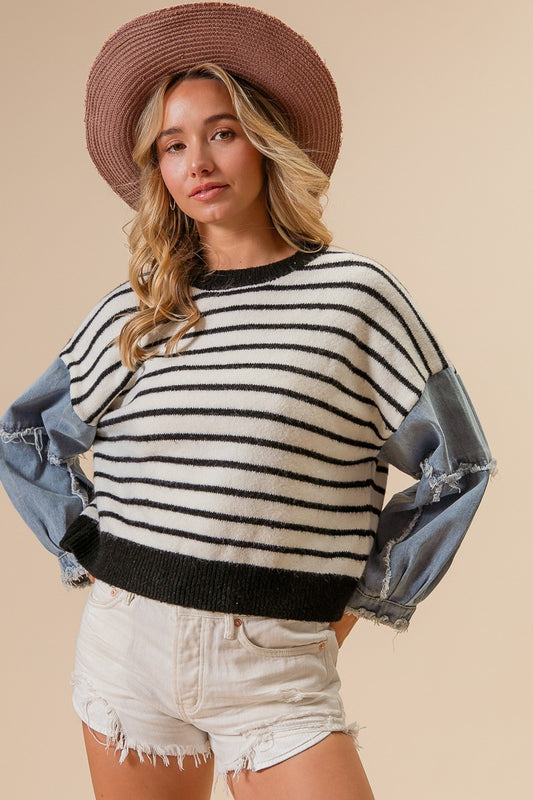 Washed Denim Sleeve Striped Sweater