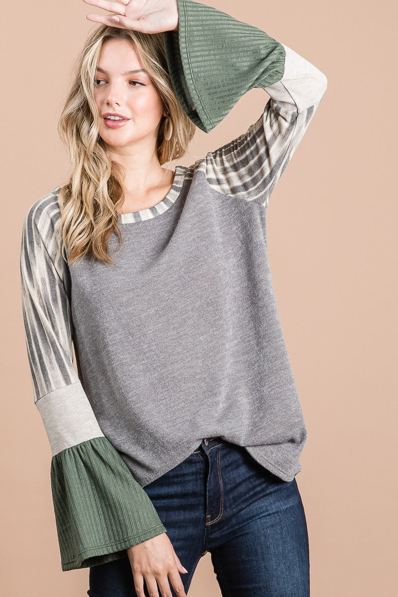 Sweater Knit Top With Double Rib Bell Cuff