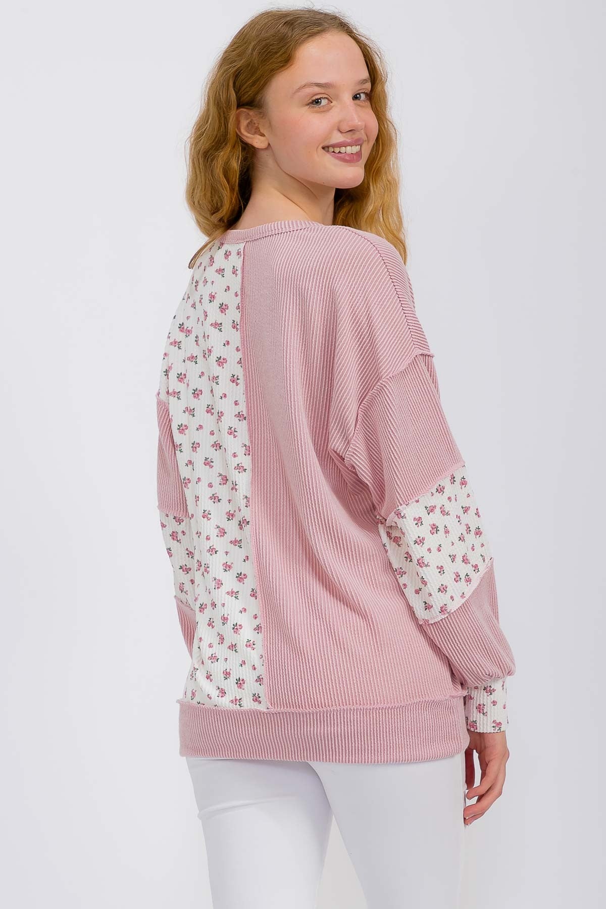 Floral Rib Patchwork Button Front Top