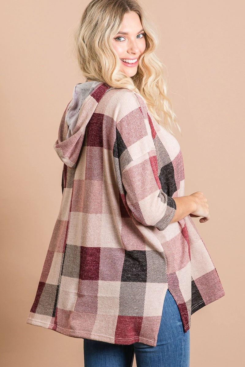 Plaid Check Print Sweater Knit Hoodie
