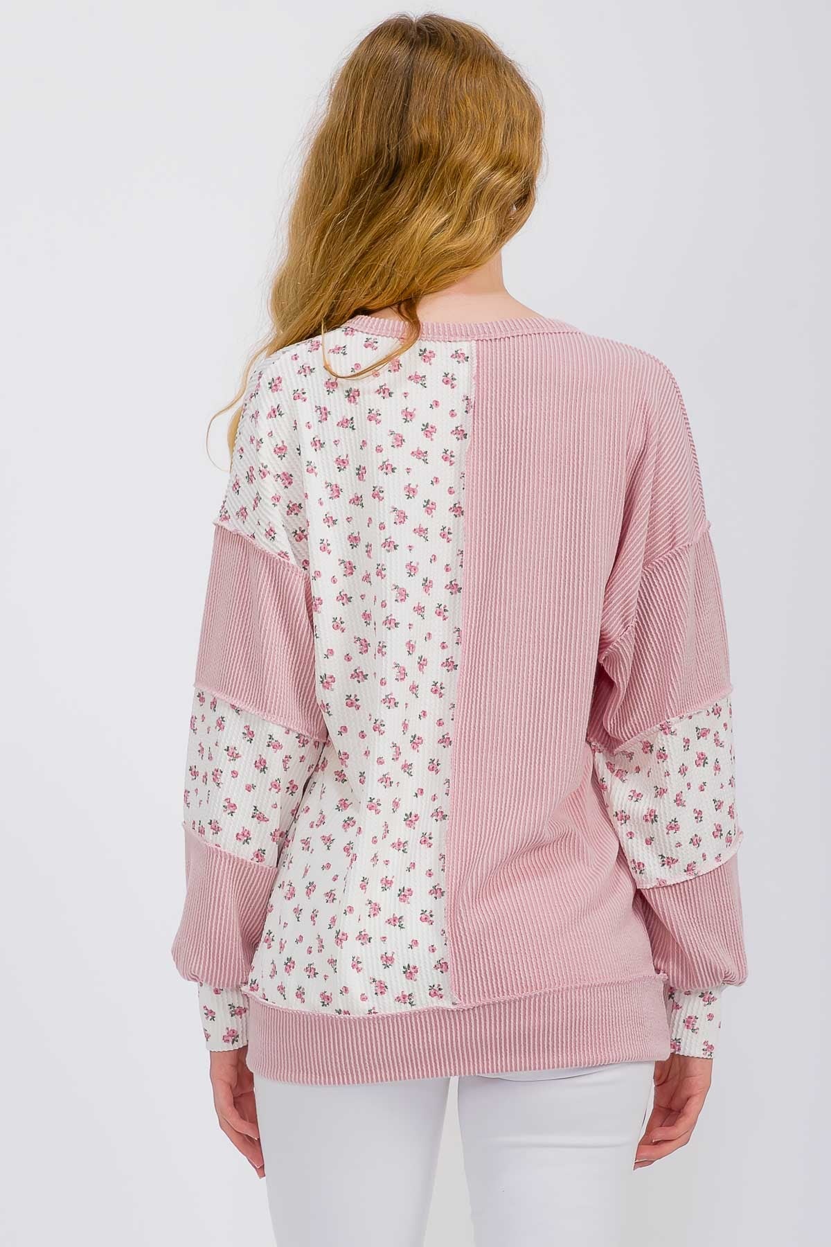 Floral Rib Patchwork Button Front Top