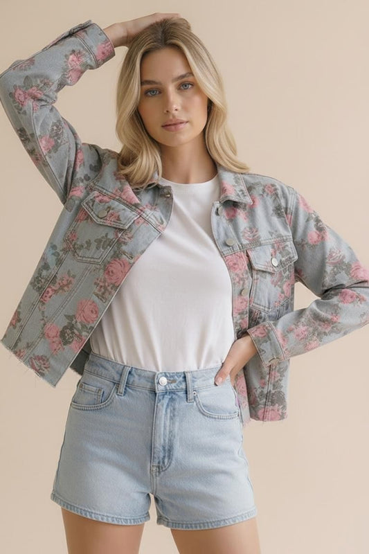 Washed Floral Denim Jacket W/ Cut Edge Detail