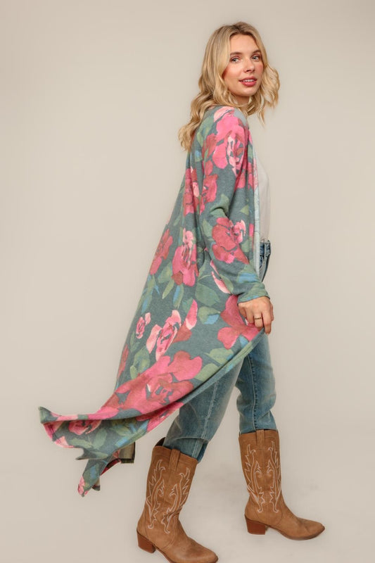 Floral Open Duster Cardigan W/ Side Slits