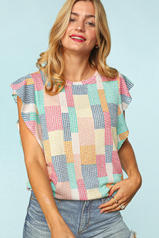 Curvy Multi Color Block Ruffle Short Sleeve Knit