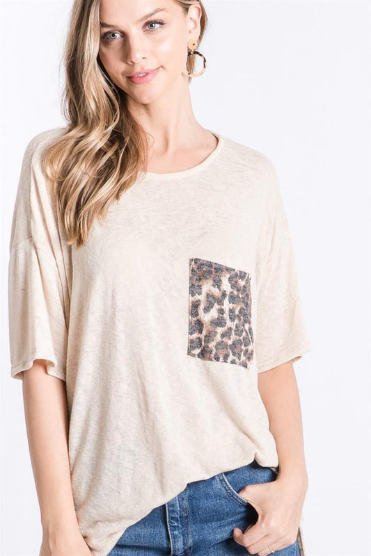 White top w/ animal print pocket