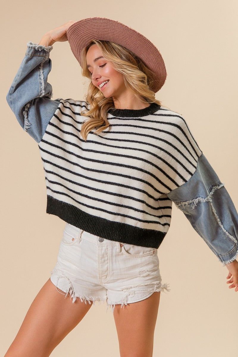 Washed Denim Sleeve Striped Sweater