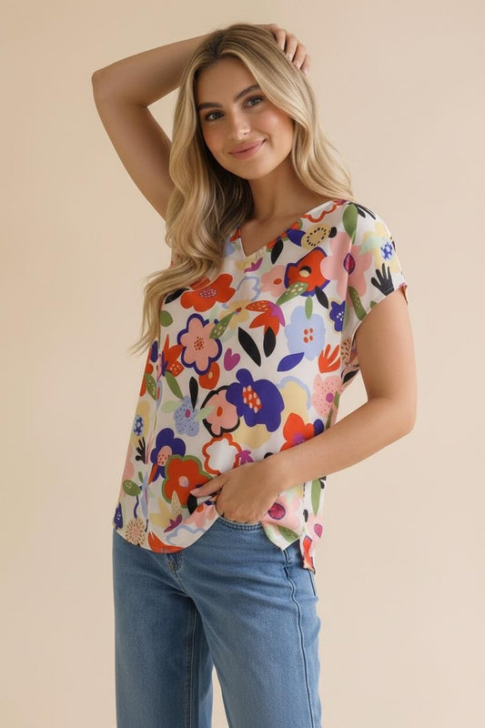 V Neck Drop Shoulder Short Sleeve Floral Top
