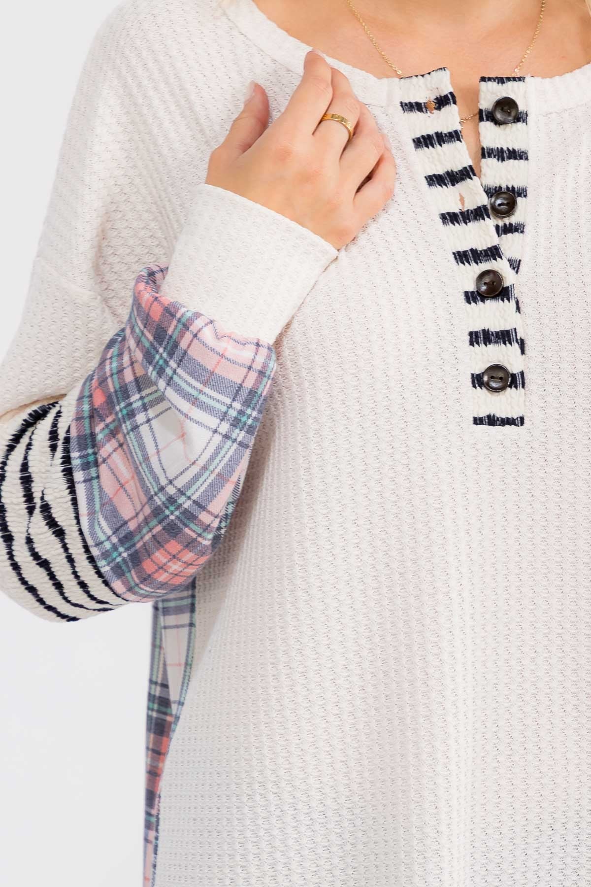 Waffle Knit Plaid And Stripe Accent Top