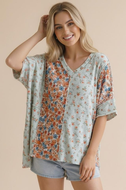 Floral Ribbed Reverse Stitch Knit Top