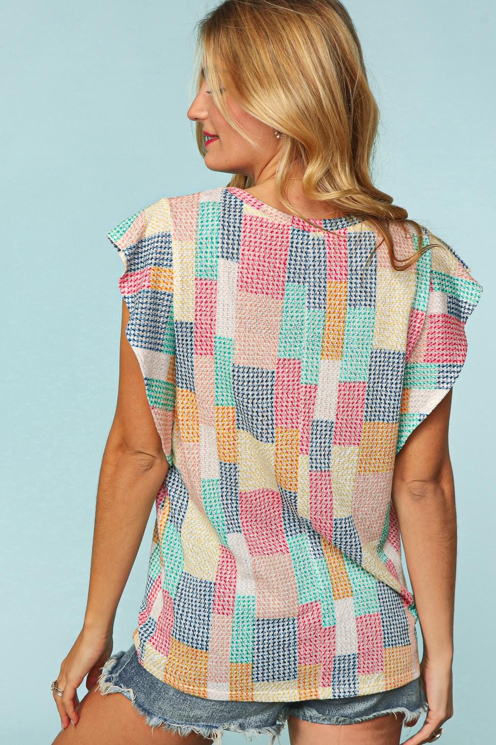 Curvy Multi Color Block Ruffle Short Sleeve Knit