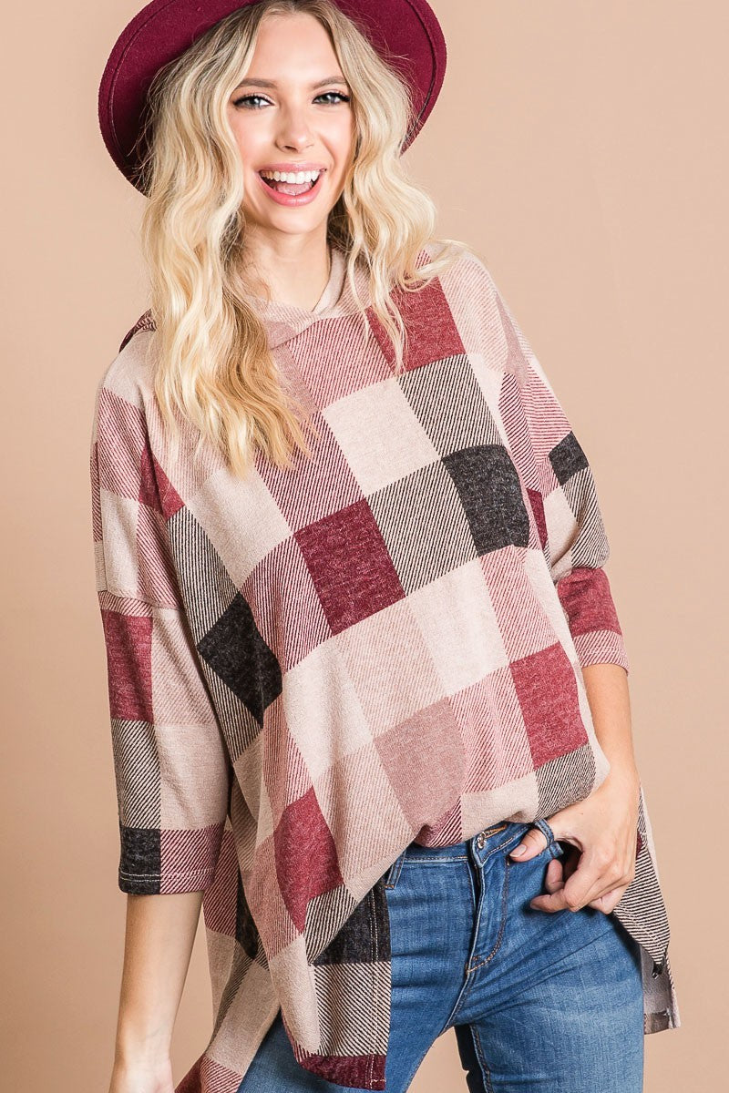 Plaid Check Print Sweater Knit Hoodie