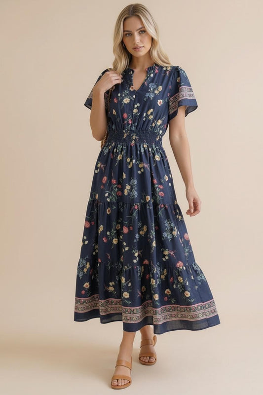 Smocked Waist Maxi Tiered Floral Dress