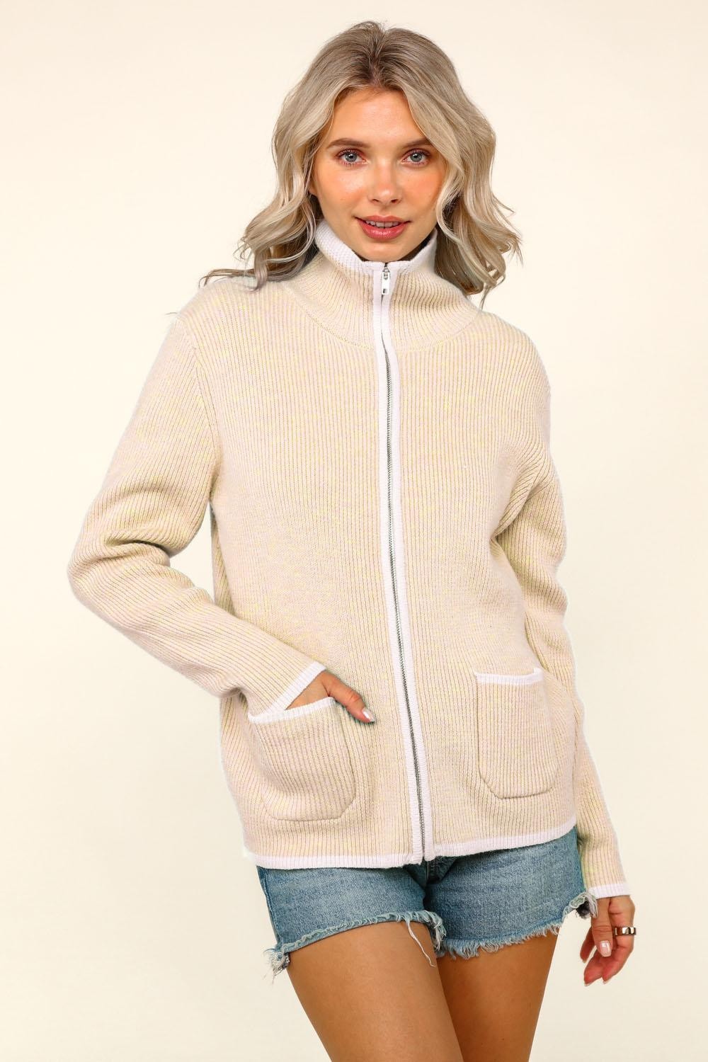 High Neck Zip Up Sweater Cardigan With Pocket