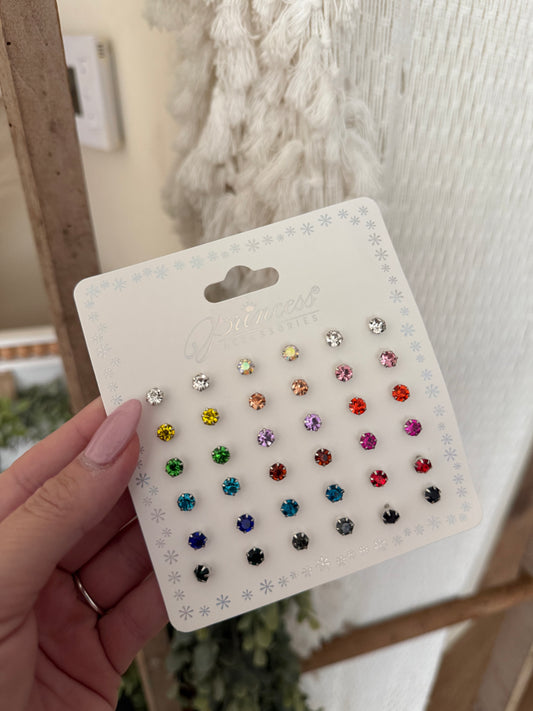 Set of 18 Crystal Stud Earring Set