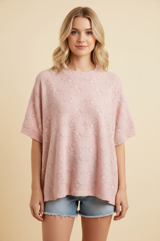 Curvy Eyelet short sleeve pink top