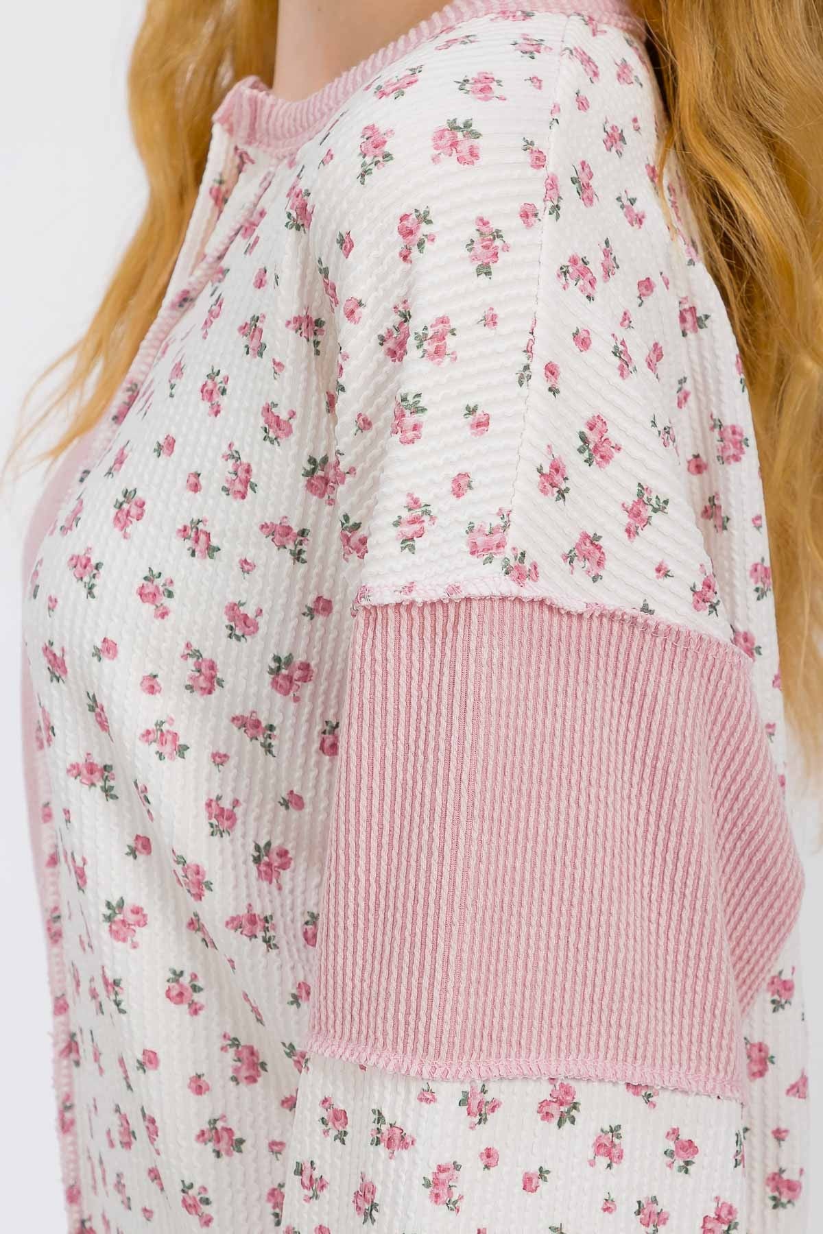 Floral Rib Patchwork Button Front Top