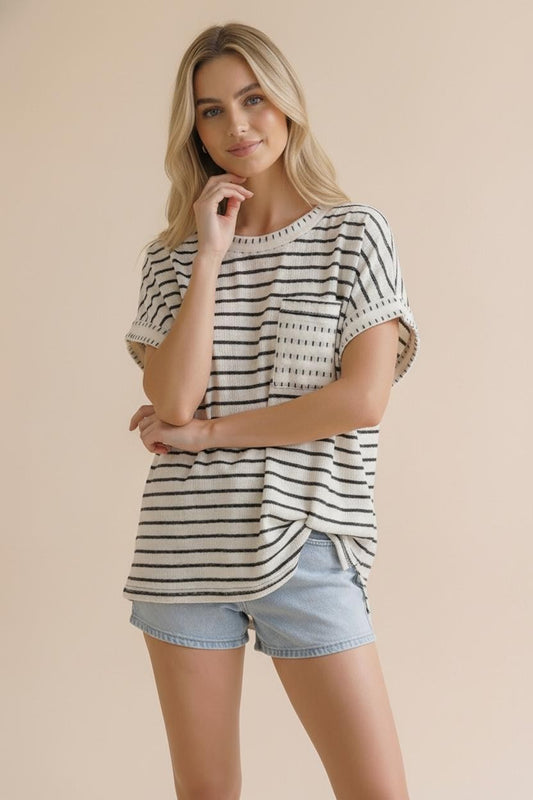 Round Neck Oversized Stripe Knit With Pocket